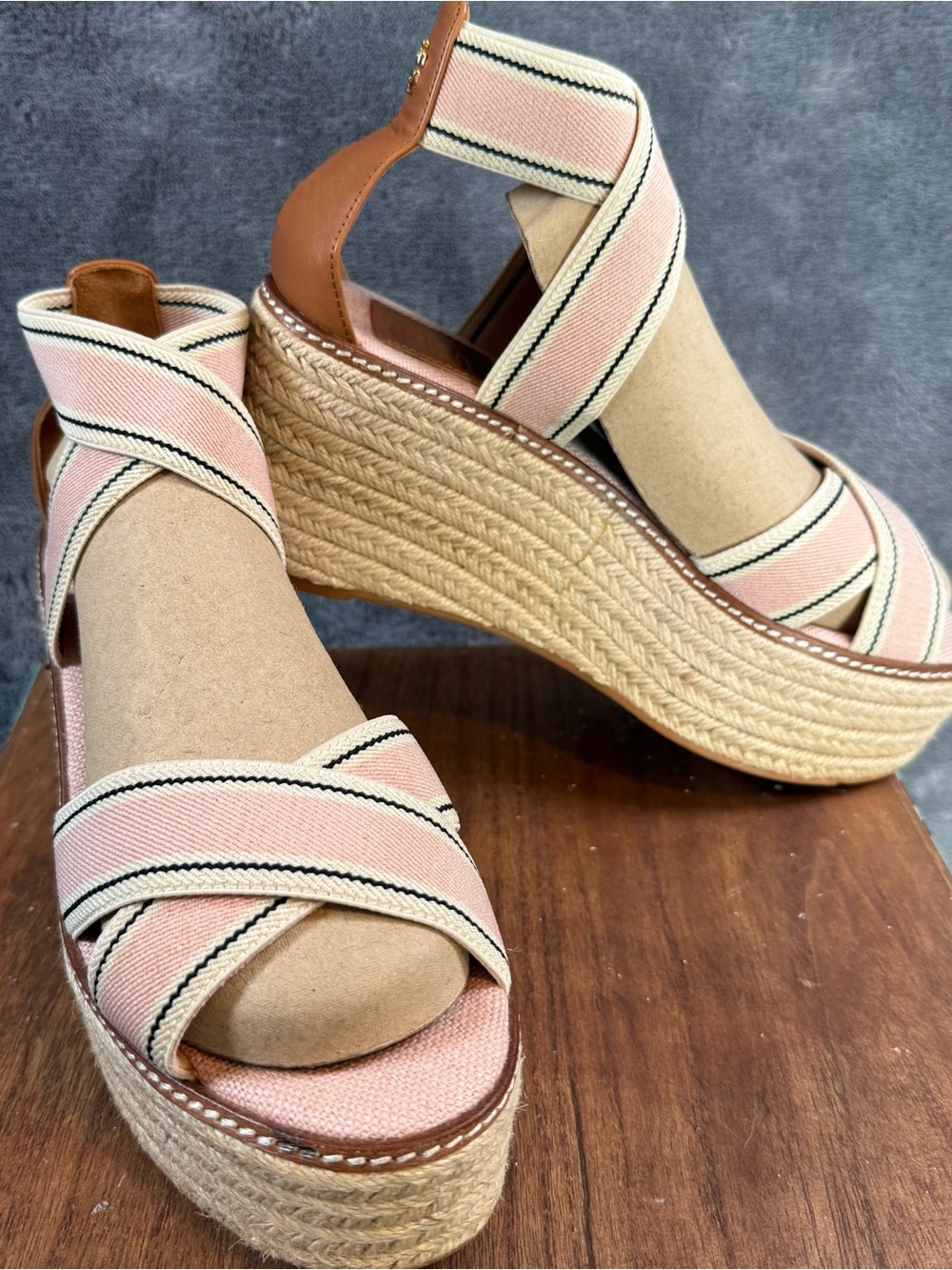 Womens Pink Canvas Espadrille Wedge Sandals